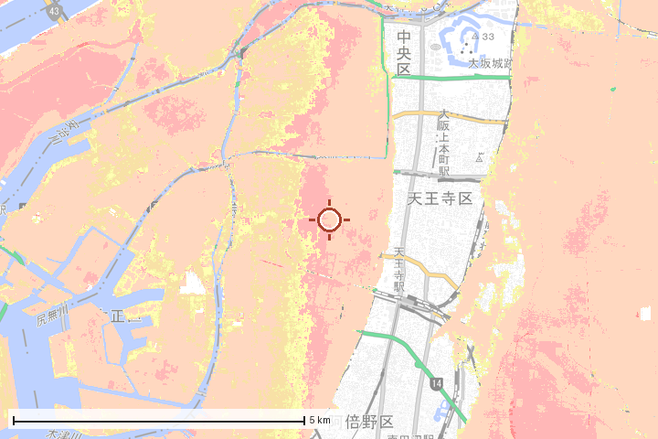大阪市浪速区周辺のハザード重ね図