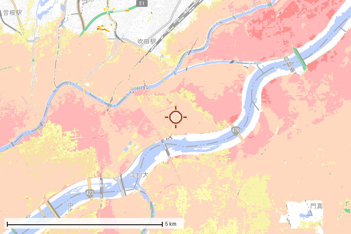 大阪市東淀川区周辺のハザード重ね図