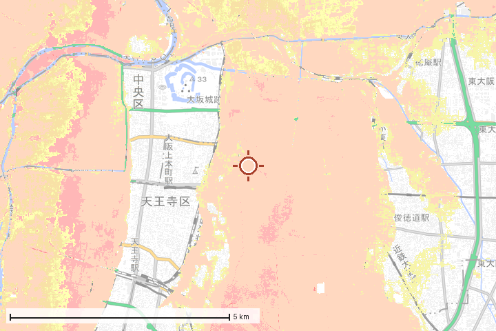 大阪市東成区周辺のハザード重ね図