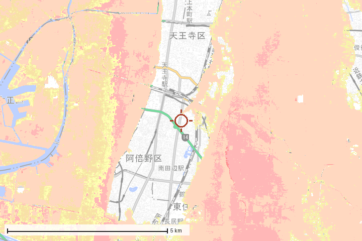 大阪市阿倍野区周辺のハザード重ね図