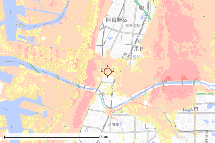 大阪市住吉区周辺のハザード重ね図