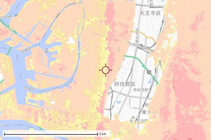 大阪市西成区周辺のハザード重ね図