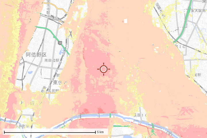 大阪市平野区周辺のハザード重ね図
