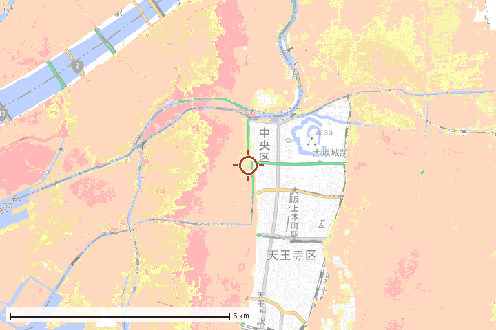 大阪市中央区周辺のハザード重ね図