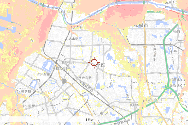堺市北区周辺のハザード重ね図