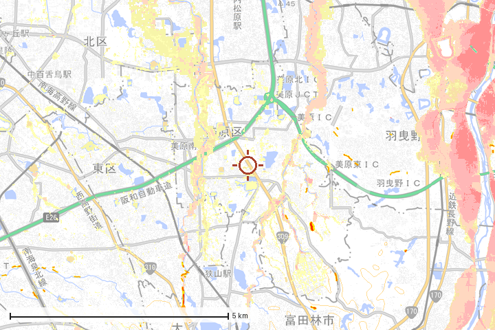 堺市美原区周辺のハザード重ね図