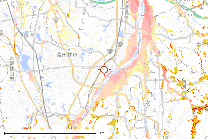 富田林市周辺のハザード重ね図