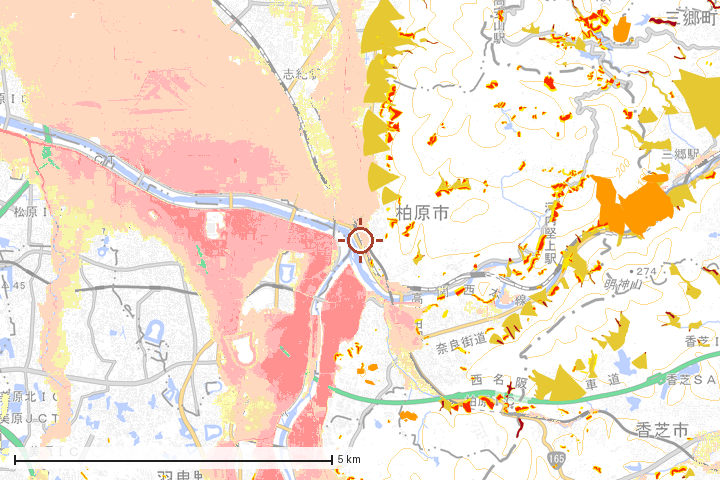 柏原市周辺のハザード重ね図