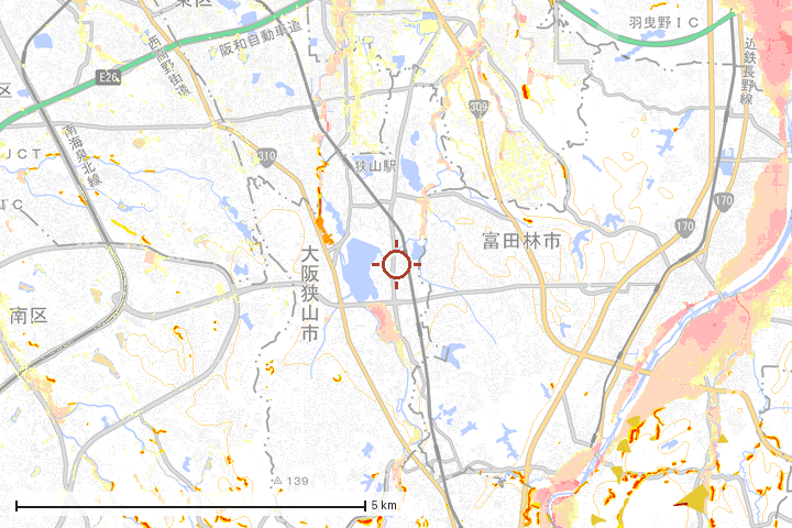 大阪狭山市周辺のハザード重ね図