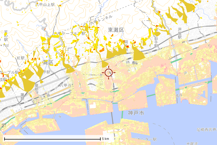 神戸市東灘区周辺のハザード重ね図