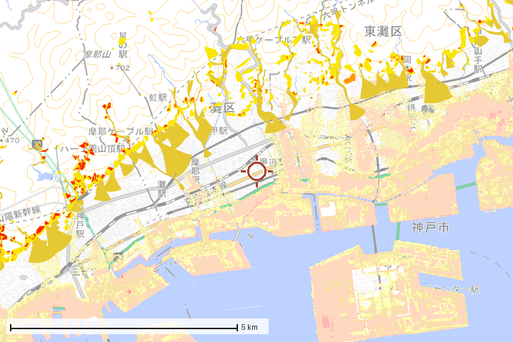 神戸市灘区周辺のハザード重ね図