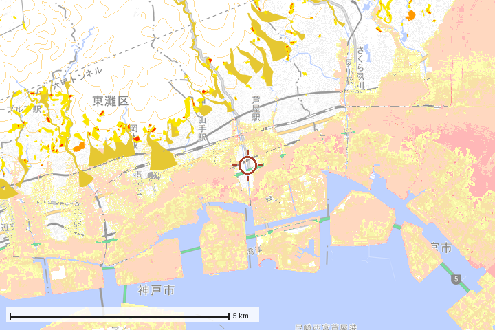 芦屋市周辺のハザード重ね図