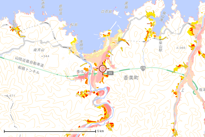 香美町周辺のハザード重ね図
