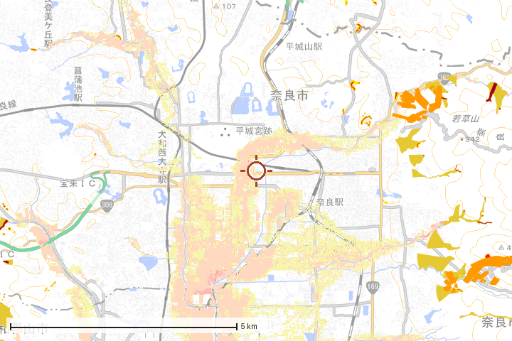 奈良市周辺のハザード重ね図