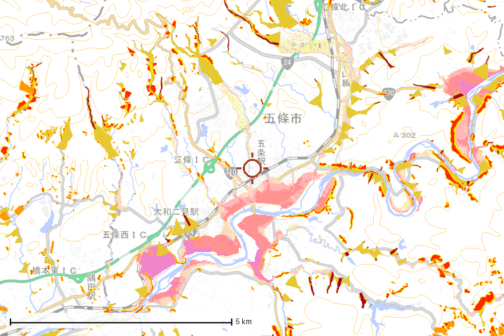 五條市周辺のハザード重ね図