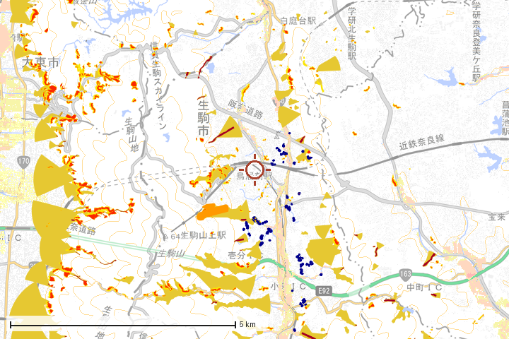生駒市周辺のハザード重ね図