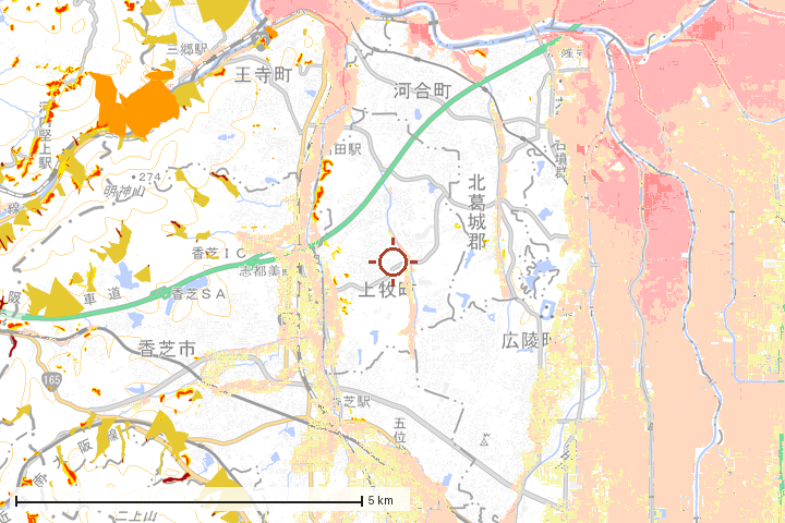 上牧町周辺のハザード重ね図