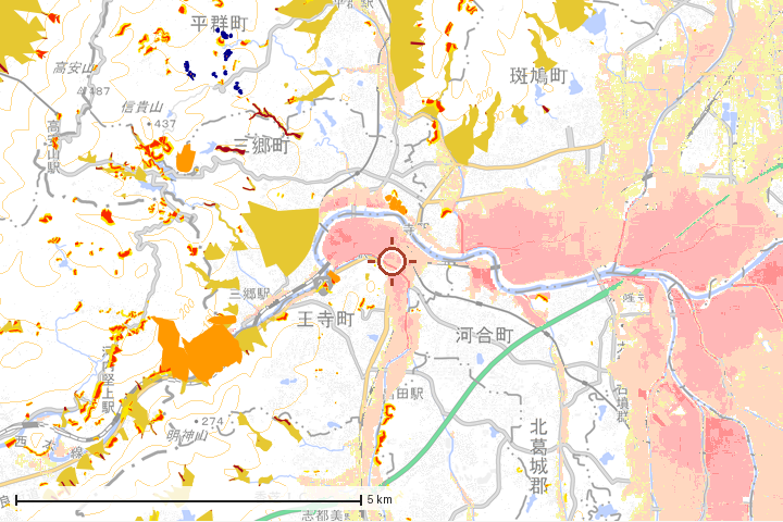 王寺町周辺のハザード重ね図