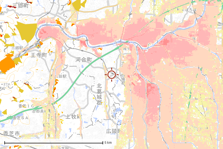 河合町周辺のハザード重ね図
