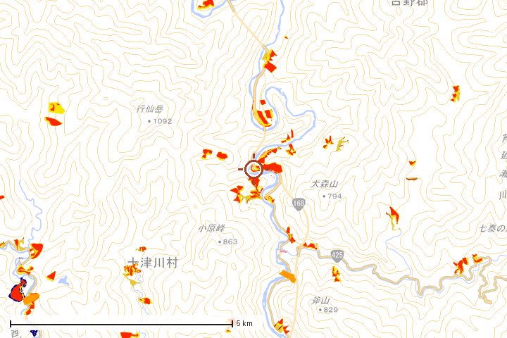 十津川村周辺のハザード重ね図