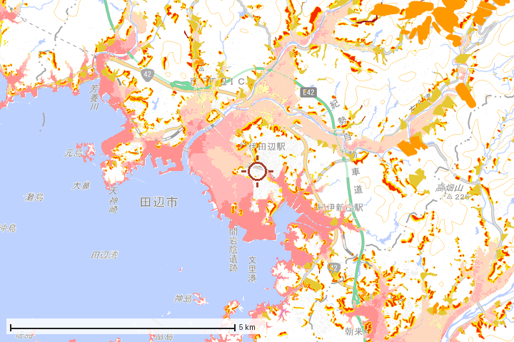 田辺市周辺のハザード重ね図