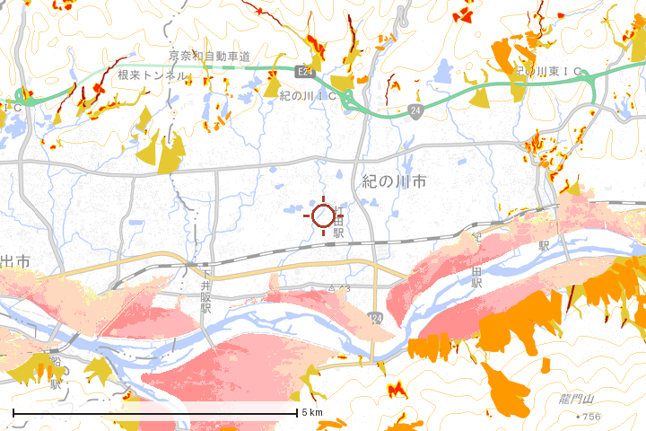 紀の川市周辺のハザード重ね図