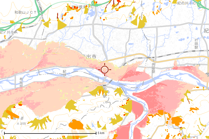 岩出市周辺のハザード重ね図