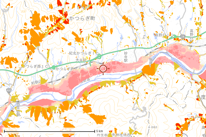 かつらぎ町周辺のハザード重ね図