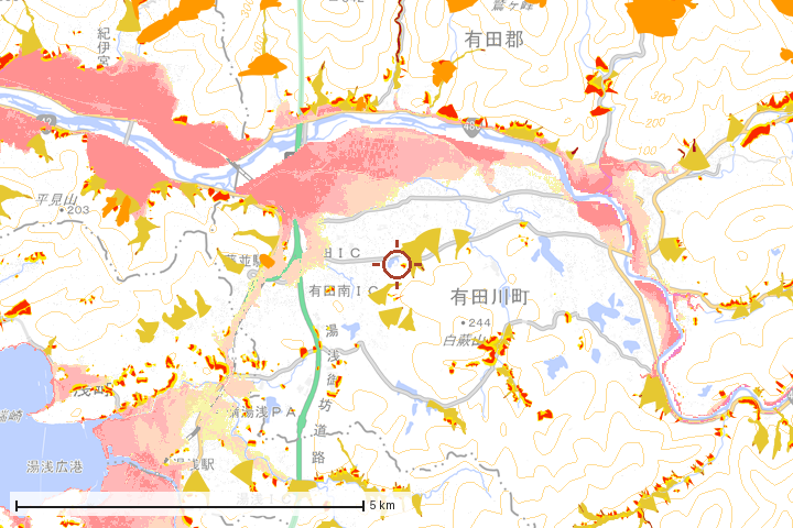 有田川町周辺のハザード重ね図