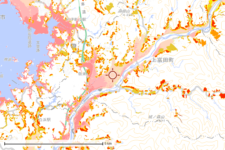 上富田町周辺のハザード重ね図