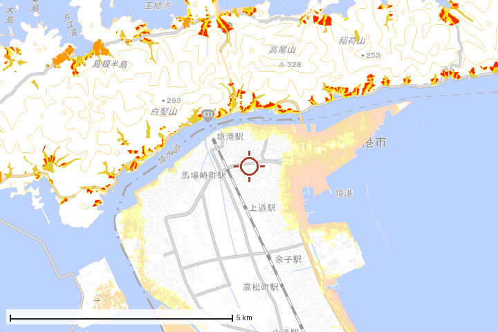 境港市周辺のハザード重ね図