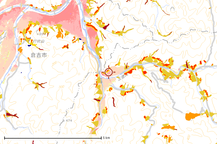 三朝町周辺のハザード重ね図