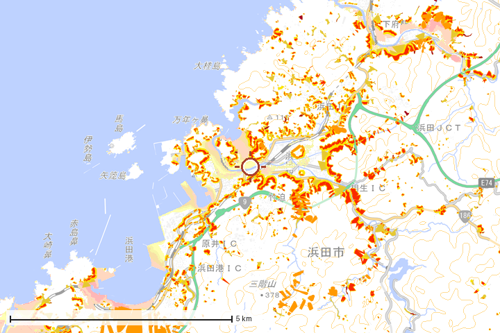 浜田市周辺のハザード重ね図