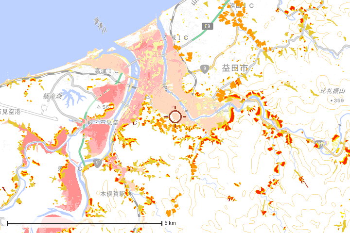 益田市周辺のハザード重ね図