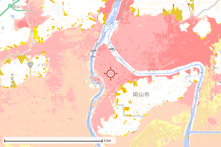 岡山市中区周辺のハザード重ね図