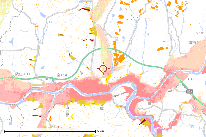 津山市周辺のハザード重ね図