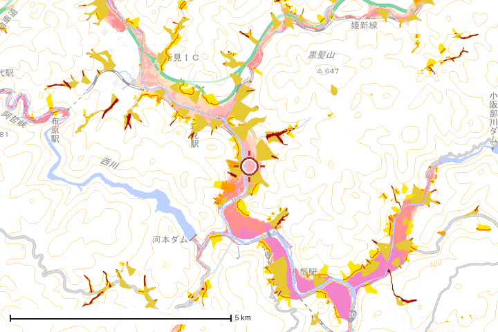 新見市周辺のハザード重ね図