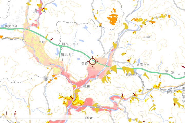 美作市周辺のハザード重ね図