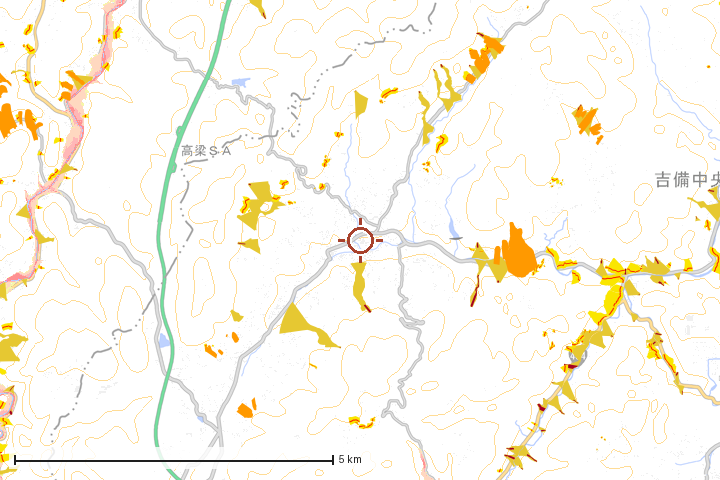 吉備中央町周辺のハザード重ね図