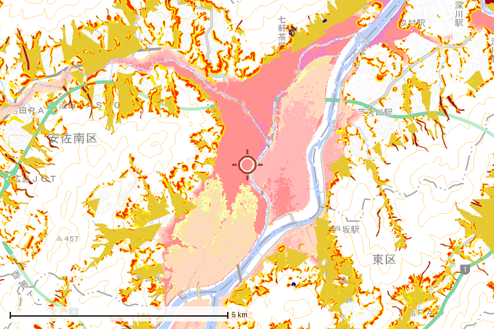 広島市安佐南区周辺のハザード重ね図