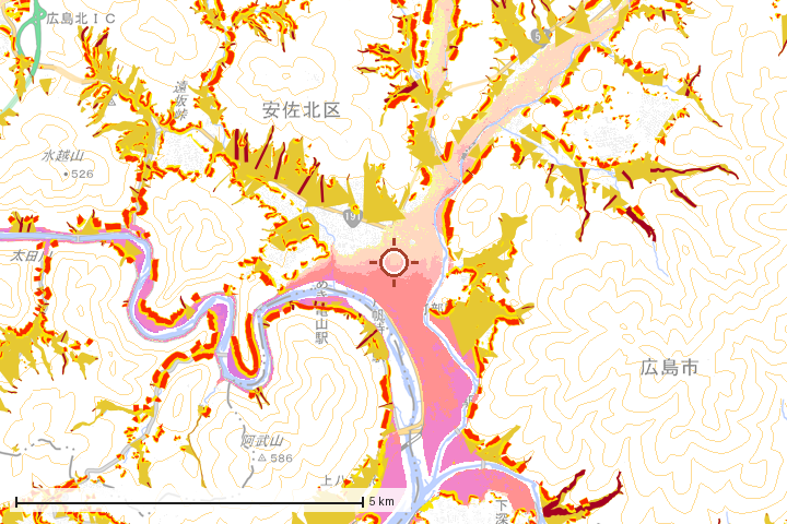広島市安佐北区周辺のハザード重ね図