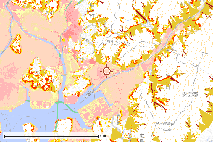 広島市安芸区周辺のハザード重ね図