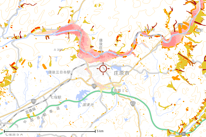 庄原市周辺のハザード重ね図