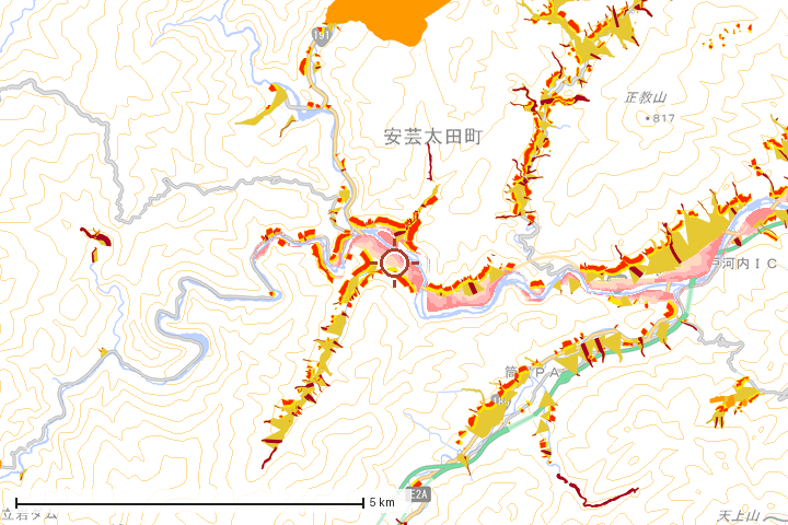 安芸太田町周辺のハザード重ね図