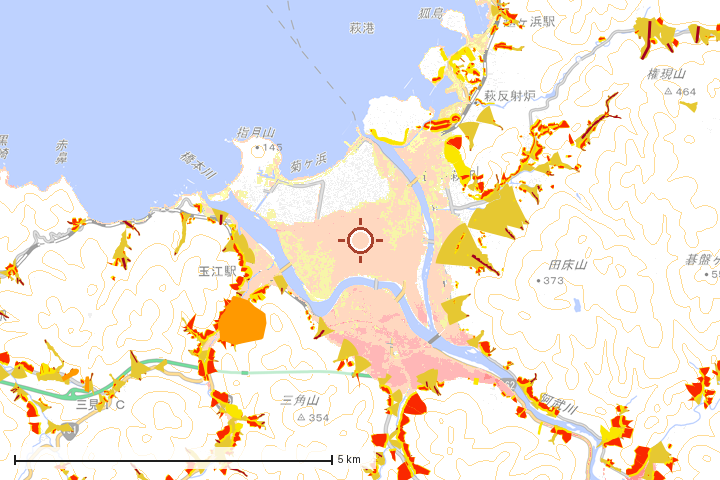 萩市周辺のハザード重ね図