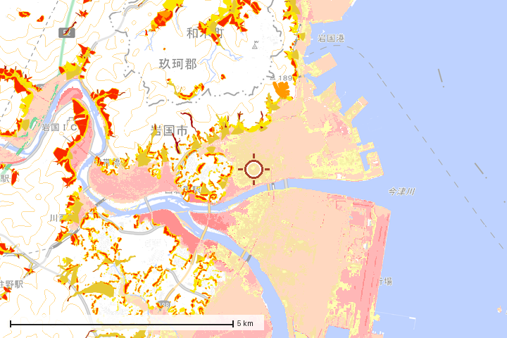 岩国市周辺のハザード重ね図
