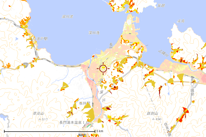 長門市周辺のハザード重ね図