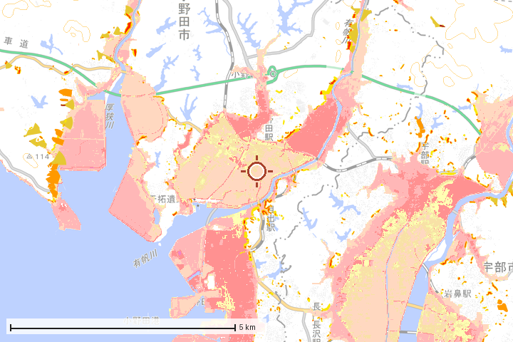 山陽小野田市周辺のハザード重ね図