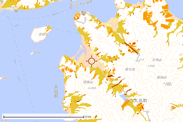 周防大島町周辺のハザード重ね図