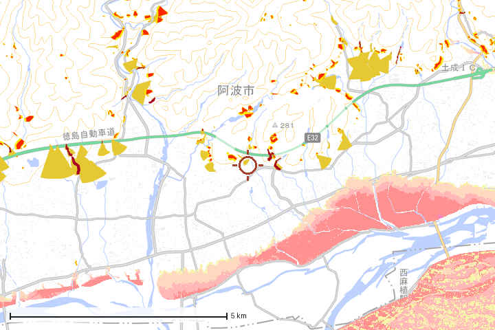 阿波市周辺のハザード重ね図